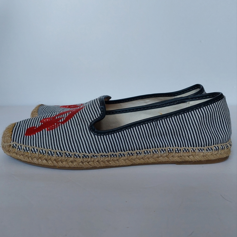 EUC G.H.Bass Jenna Blue Striped Canvas Espadrilles Red Lobster Embroidery Sz 8.5 - Picture 6 of 9
